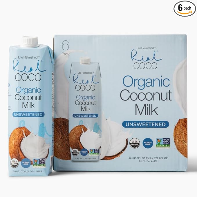 Real Coco Organic Original Coconut Milk Beverage (6-Pack 1L), USDA Organic, No-Added Sugar, Plant Based, Dairy & Soy Free, Vegan, Keto and Paleo Friendly