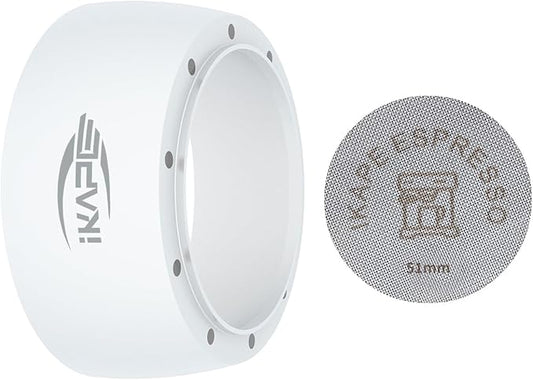 IKAPE Magnetic Dosing Funnel Set, 51MM Espresso Dosing Ring & Puck Screen Kit Compatible with Delonghi 51MM Bottomless Portafilter - with 8 Small Magnet (White)