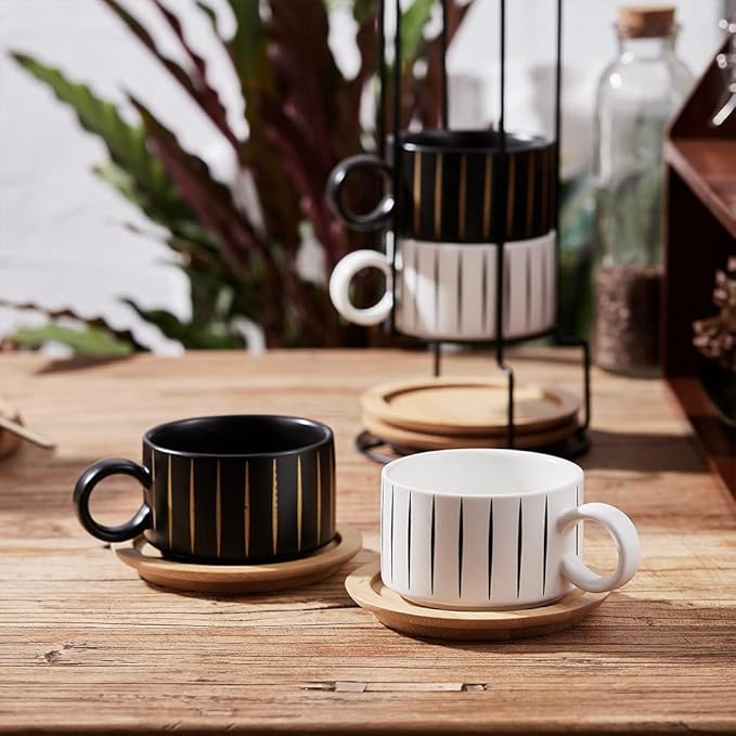 LUKA Porcelain Espresso Cup with Saucer and Metal Stand, 6 Ounce Stackable Ceramic Demitasse Espresso Mugs Cappuccino Cups Set for Latte,Coffee,Cafe Mocha,Tea(Set of 4)