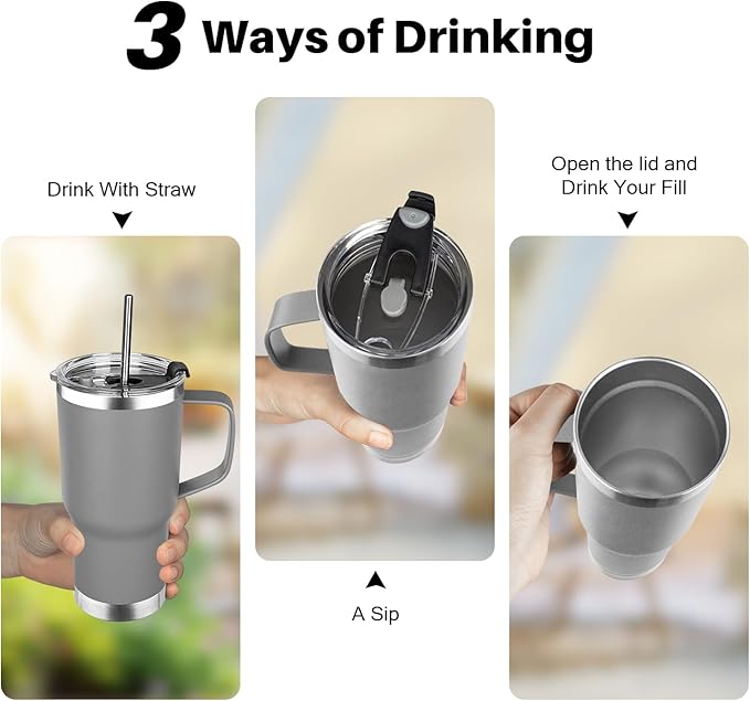 20 oz Tumbler with Handle, Stainless Steel Insulated Tumbler with Lid and Straw, Double Wall Vacuum Coffee Mug Tumbler, Insulated Coffee Thermal Cup for Cold and Hot (Grey, 20 Ounces)