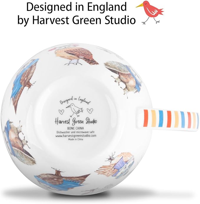 Cute Owl Coffee Mug, 20 oz Premium Bone China Mug with Charming Owls in Color Scarves and Hats—Cozy, Wise, and Perfect for Bird Enthusiasts, Designed in England by Harvest Green Studio