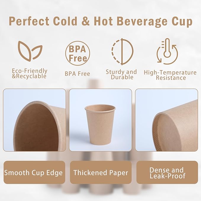 Lamosi 100 Count 12 oz Kraft Paper Cups, Disposable Hot/Cold Paper Coffee Cups, 12 Ounce Beverages Cups, Water Cups for Party Picnic Travel and Events