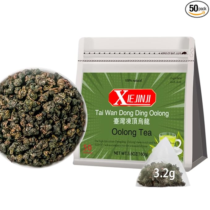XIEJINJI Premium Oolong Tea, Taiwan Dongding Oolong TeaBags, 3.2g x 50 Count, High Mountain Tea, No Sugar & No Additives, Low-Caffeine, Eco-Conscious Tea Bags, Resealable Bag