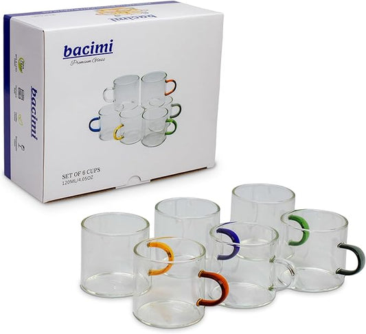 Bacimi® Clear Espresso Cups with Colorful Handles - Set of 6 / 4oz / 120ML - Borosilicate Glass Mugs for Cappuccino, Tea, Latte, & Hot Beverage - Mini Drinking Cups - Microwave Safe
