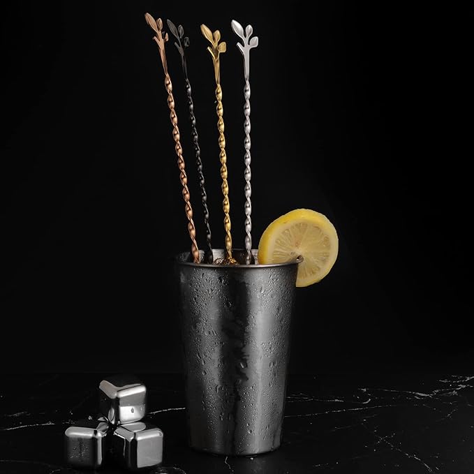 AnSaw Silver 10-Inch Stainless Steel Cocktail Spoon with Leaf Handle - Perfect for Mixing & Layering Drinks in Tall Cups, Bar & Shakers - Durable Long Handle Bar Stirrer,2-Pieces