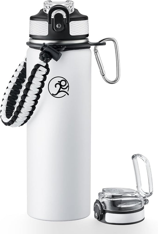 GOSWAG Insulated Sports Water Bottle, 24oz 2 Lids(with Straw/No Straw), Stainless Steel Water Bottles with Paracord Handle, Insulated Bottle with Double-Wall Vacuum Insulation