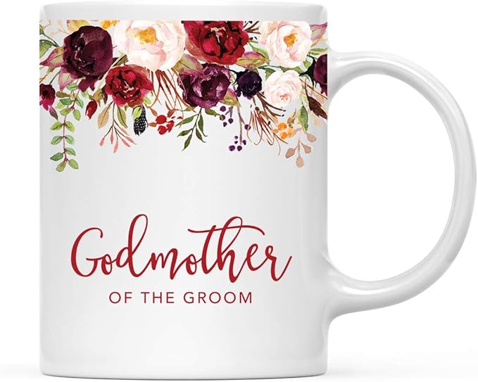 Andaz Press 11oz. Wedding Ceramic Coffee Tea Mug Gift, Fall Autumn Marsala Burgundy Flowers Roses Florals, Godmother of the Groom, 1-Pack, Includes Gift Box