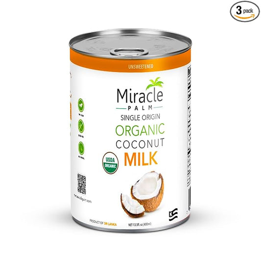 Miracle Palm Coconut Milk Unsweetened - Coconut Milk Canned, Additive Free Organic 13.5 Fl Oz (Pack of 3)