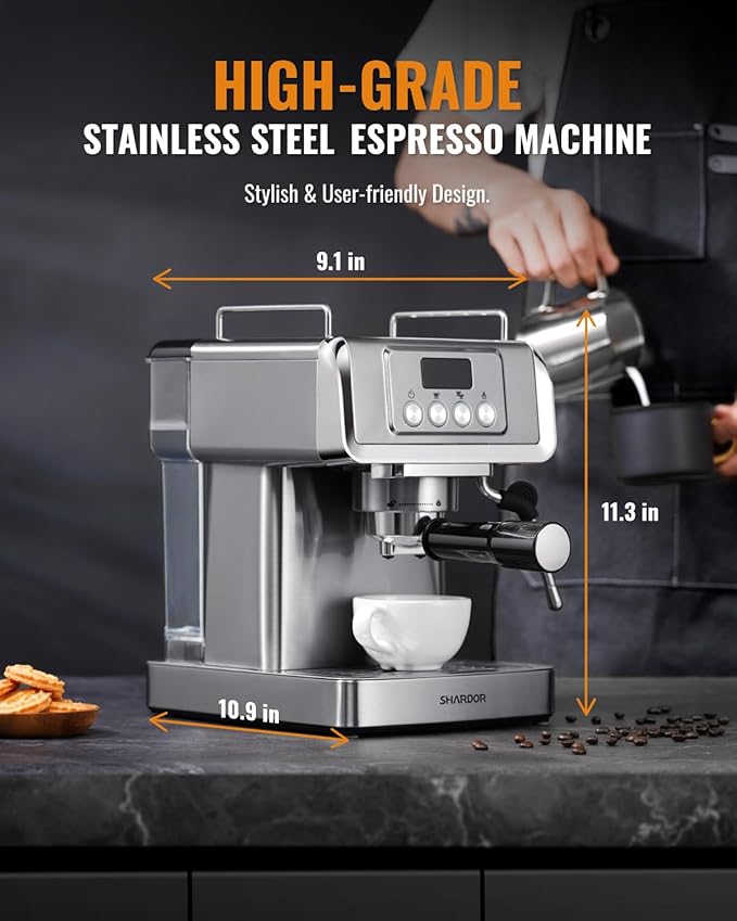 SHARDOR Espresso Machine 20 Bar with Milk Frother Steam Wand, Professional Latte & Cappuccino Maker for Home, 60 Oz Water Tank, Temperature Display, Stainless Steel, 1350W