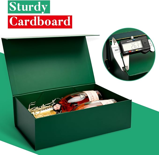 LIFELUM 5 Pack Boxes - Large Green Boxes of Gifts 13.8 x 8.5 x 4.5 Inch with Strong Magnetic Lid, Contains Card, Ribbon, Filler, Sticker