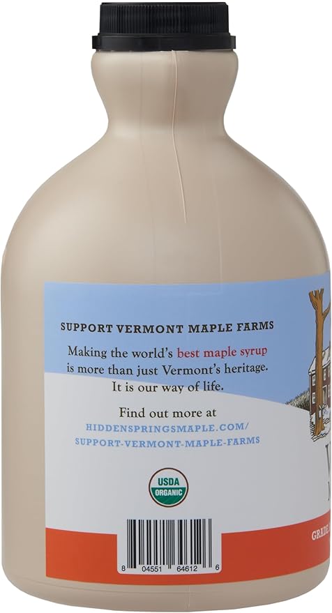 Hidden Springs Maple Organic Vermont Maple Syrup, Grade A Amber Rich, 32 Ounce, 1 Quart, Family Farms, BPA-free Jug