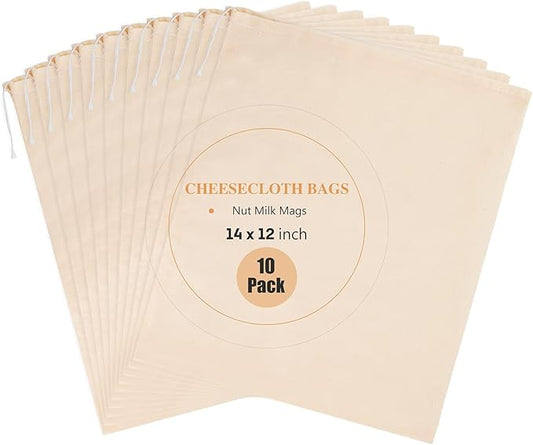 10 Pack Nut Milk Bag, 12‘’ x 14‘’ Fine Mesh Grade Reusable Cheesecloth Bags Strainers, Unbleached Organic Cotton Filter Bags for Almond Milk, Juices, ColdBrew, Cheese, Tea, Yogurt, Coffee