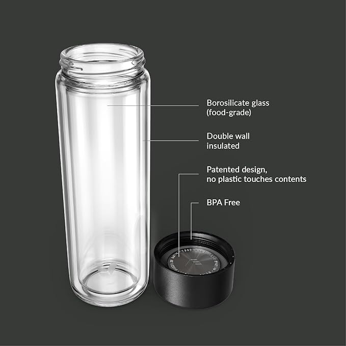 Glass Multi Tea Infuser Bottle 14oz - Double Wall Borosilicate Glass Flask | No Plastic Touches Contents | Perfect for Office or Home - Black