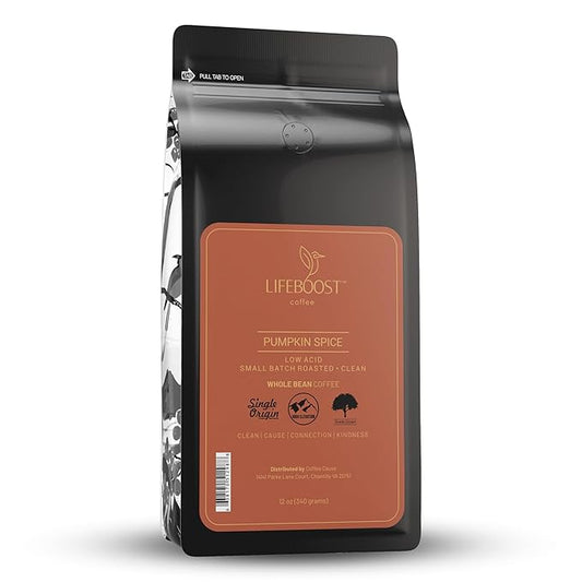 Lifeboost Pumpkin Spice Coffee Whole Bean – Organic, Low Acid, Non-GMO - Cozy Fall Time Blend – Single Origin Medium Roast, Mycotoxin-Free Flavored Coffee, 12 oz