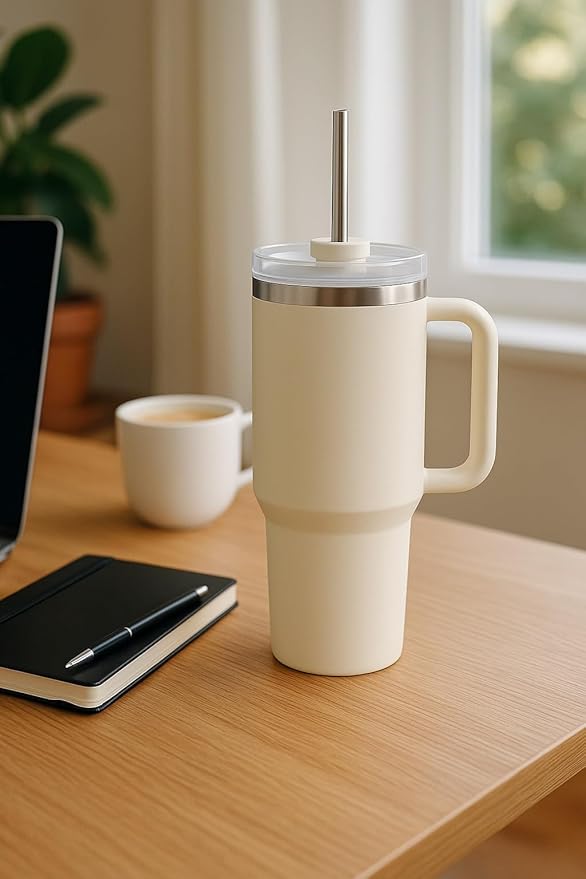 40oz Stainless Steel Tumbler with Handle & Metal Straw – Insulated Double Wall Travel Mug with Lid, Large Coffee Cup for Hot & Cold Drinks, Fits Car Cup Holders