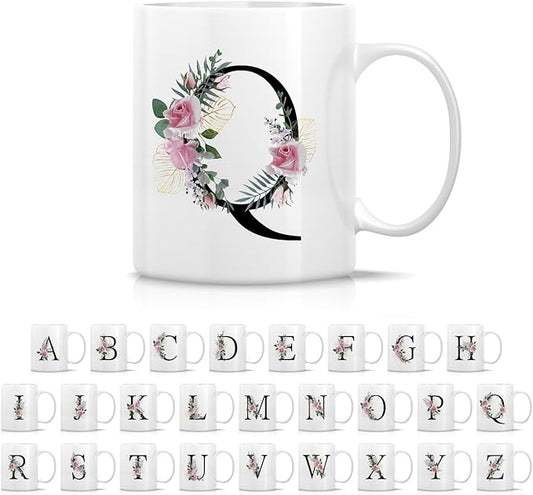 Retreez Initial A-Z Floral Botanical Bouquet Alphabet Monogrammed Monogram Mug 11 Oz Ceramic Tea Coffee Mugs - Appreciation Thank You Wedding Birthday Gifts for her friend coworker sister - Q Initial
