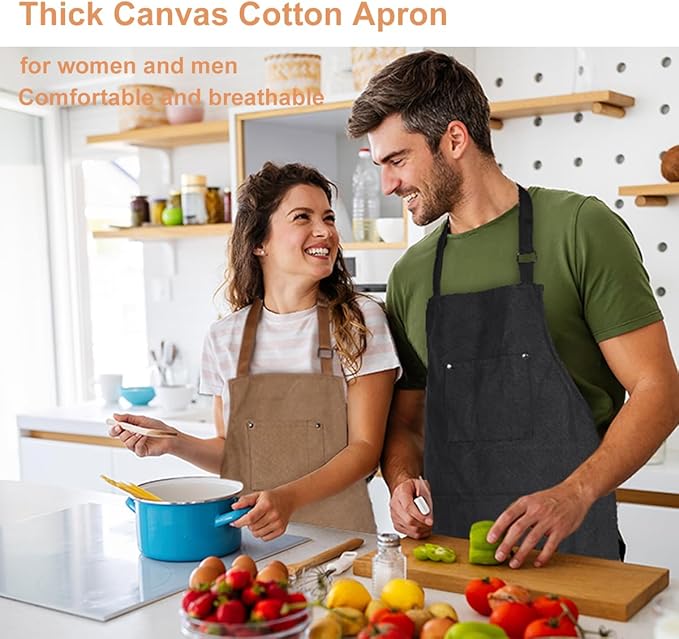 Chef Cooking Aprons for Men Women Thickened Canvas Cotton Apron with 4 Pockets for BBQ Work Kitchen (Black)