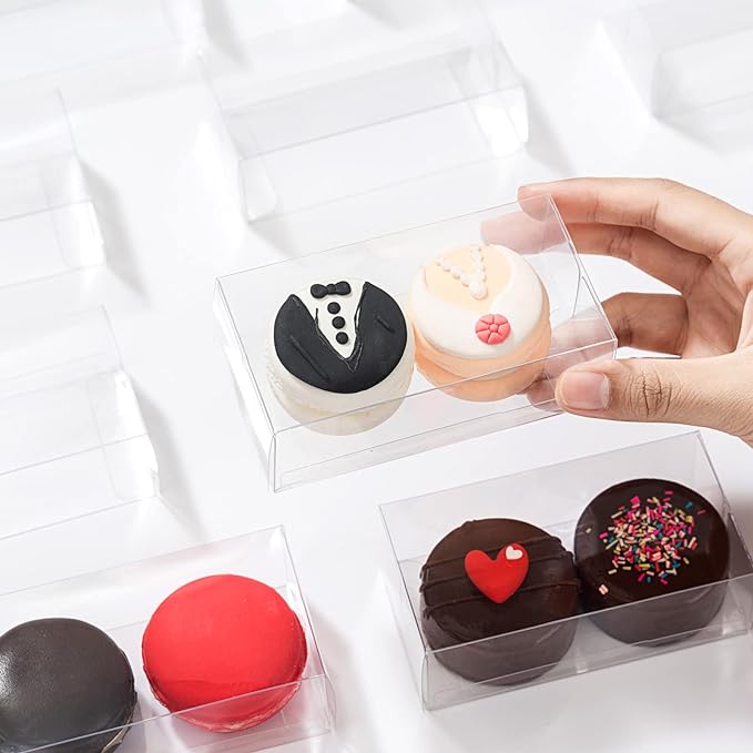 100 Pack Clear Macaron Boxes for 2 Small Plastic Chocolate Covered Ore Boxes 4.17 x 2.16 x 1.37 Inches for Wedding Bridal Shower Baby Shower Party Favors Small Bakery Boxes Pastry Treat Boxes
