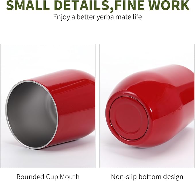 Yerba Mate Cup with Lid, 2 Bombillas, Cleaning Brush, 11.8oz Stainless Steel Double-Wall Insulated Gourd (Red)