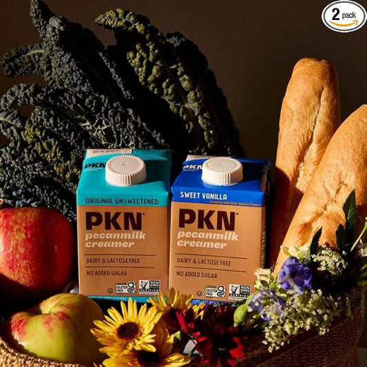 PKN Original Non Dairy Coffee Creamer Milk Alternative, Made from Real American Pecans, Plant-Based Nut Milk, Without Added Sugars and No GMOs, Lactose Free, 2-Pack Variety