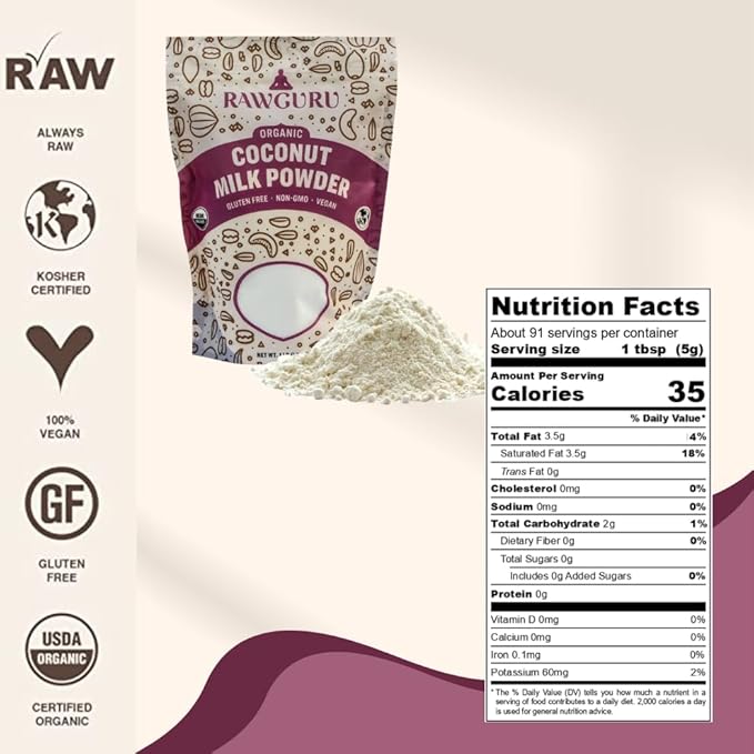 RawGuru Organic Coconut Milk Powder - Vegan & Nutrient-Dense Powder with Iron & Potassium - Rich & Creamy Organic Milk for Drinking or Baking - 16 oz, Pack of 1