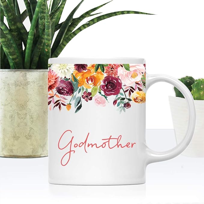 Andaz Press 11oz. Mother's Day Ceramic Coffee Tea Mug Gift, Fall Autumn Burgundy Orange Peach Flowers Roses Florals, Godmother, 1-Pack, Includes Gift Box, Birthday Christmas Gift Ideas