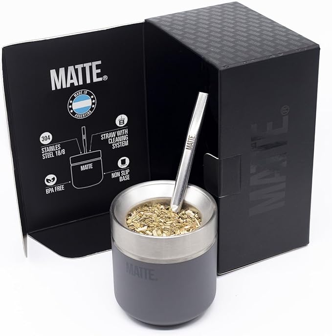Matte 6.5 oz Yerba Mate Gourd and Bombilla Set - Includes DS Pro Box - BPA Free Yerba Mate Set Kit with Mate Straw, Elegant Design, Non-Slip Base (Grey)