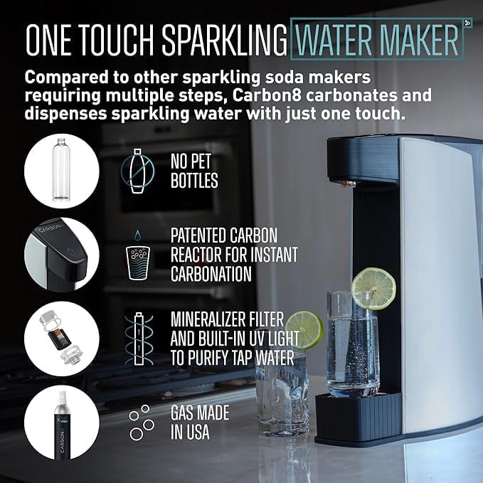 Carbon8 Sparkling Water Maker Machine, Home Soda Stream Machine, Screw-In CO2 Carbonator, Countertop Water Mineralizer, Seltzer Soda Maker Dispenser, CO2 Cylinder Not Included, Black