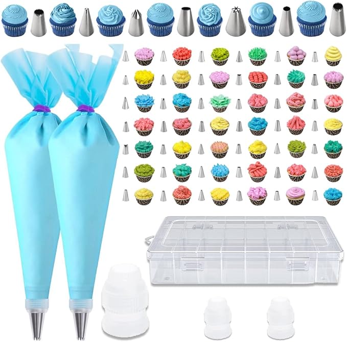 55PCS Piping Bags Tips Set Reusable Pastry Bags and Frosting Tips Cakes Decorating Kit for Cookie Icing, 2 Icing Bags, 49 Icing Tips, 3 Couplers, 1 Storage Box