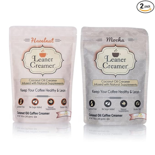 Leaner Creamer Coconut Creamer with Superfood Ingredients – Non-Dairy, Sugar-Free Powdered Coffee Creamer – Mocha & Hazelnut Bundle – 280g Each