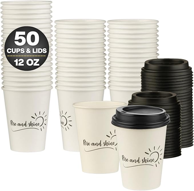 Smygoods Disposable Coffee Cups with Lids, To Go Paper Hot Cups, Rise and Shine Design (12 OZ, 50 Count) For Hot Beverages, Coffee, Tea, Espresso, Cocoa - Vasos Para Cafe