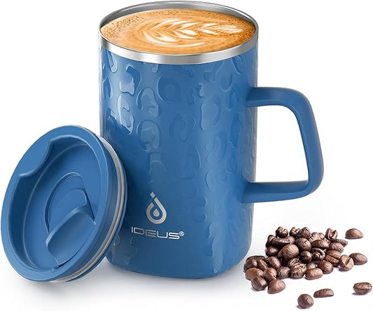 Ideus Vacuum Insulated Coffee Mug, 16oz Reusable Stainless Steel Thermal Double Walled cup with Handle and Slider Lid for Hot & Cold Beverages, BPA Free (Leapord Blue)