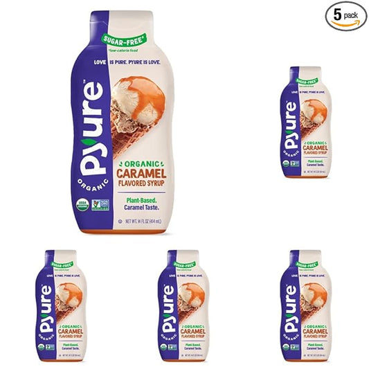 Pyure Organic Caramel Flavored Syrup, Zero Sugar, 1 Net Carb Keto Syrup, Gluten-Free, Organic Plant-Based Sugar Free Caramel Syrup for Vegan Keto Friendly Food, 14 Oz (Pack of 5)