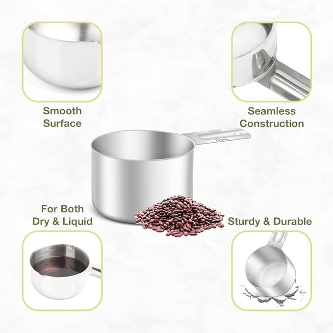 2PCS 1Cup (240ml, 8oz) Single Measuring Cup, Etched Inner Scale Stainless Steel Measure Scoop, Metric and US Measurement, Dishwasher Safe