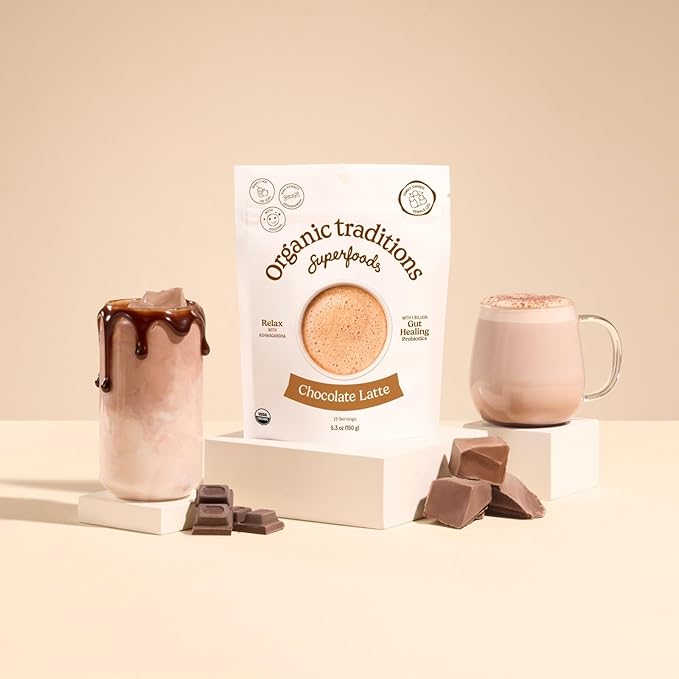 Organic Traditions Superfood Chocolate Latte – Creamy Coconut Milk Base - Dual Extract Ashwagandha – Easy to Mix - Sweetened with Coconut Palm Sugar – 1 Billion Probiotics per Serving - 150g/ 5.3oz Bag