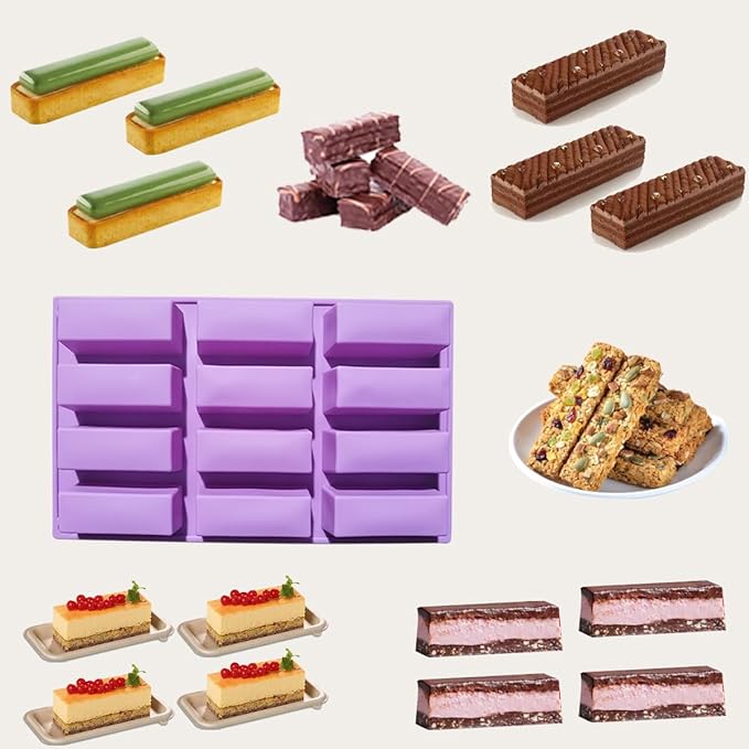 2Pcs oat bar mold - 12rectangle silicone molds - Chocolate silicone mold for baking candies/energy bars, cheesecake, dried fruit cereal cookies (2, purple)