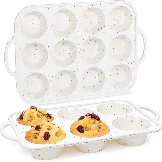 Silicone Muffin Pans for Baking, Metal Reinforced Frame Jumbo 6 Cups & Regular 12 Cups Cupcake Pan Nonstick Muffin Pan for Homemade Baking Easy to Handle
