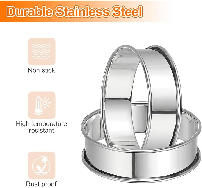 HARFINGTON 6pcs Crumpet Rings 3.15" Nonstick Round Cake Ring Stainless Steel Double Rolled English Pastry Rings for Kitchen Baking Crumpet Dessert, Silver