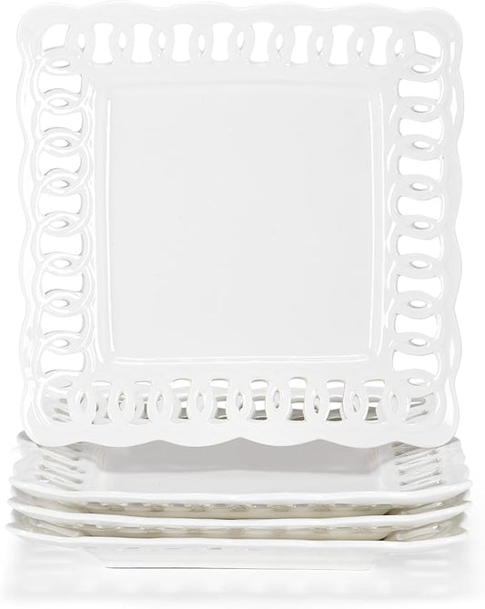Ceramic Square Dinner Plates, 11 inch Square Serving Plate Set of 4 for Steak Pasta Salad Snacks Pizza Appetizer, New Bone Porcelain Plates with Lace Rim, Party Wedding Birthday Christmas Gift, White