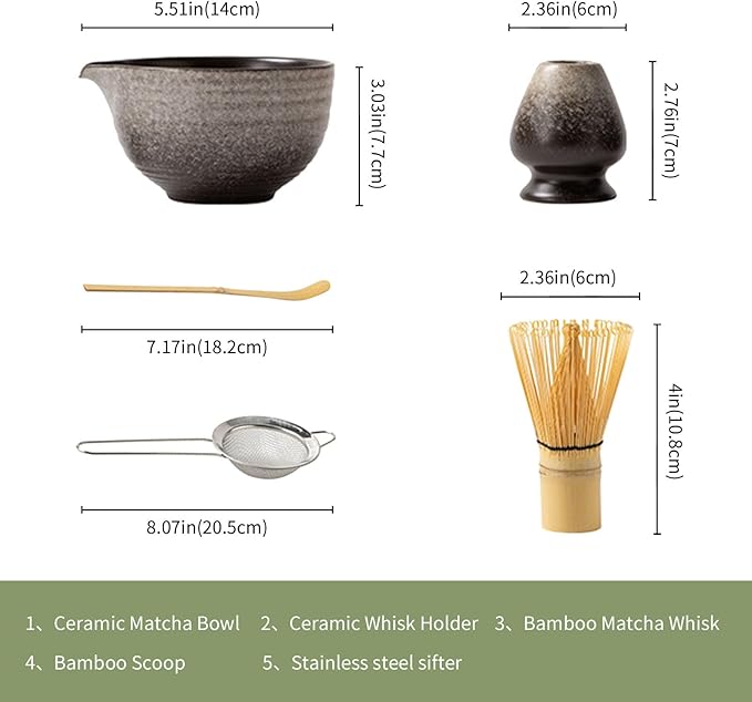 Matcha Whisk Set,Matcha Set Includes Ceramic Bowl with Spout,Stainless Sifter,Scoop,Whisk and Holder,Complete 5 Pcs Japanese Matcha Kit Making Tools,White