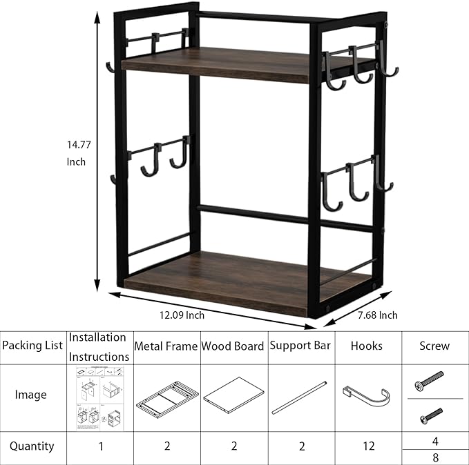 Dorhors 2 Tier Coffee Bar Accessories and Organizer,Multi-functional Mug Holder with 12 Hooks,Wood Coffee Station Organizer,Kitchen Countertop Shelf