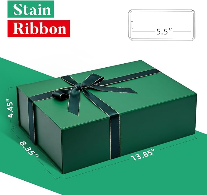 LIFELUM 5 Pack Boxes - Large Green Boxes of Gifts 13.8 x 8.5 x 4.5 Inch with Strong Magnetic Lid, Contains Card, Ribbon, Filler, Sticker