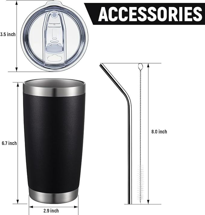 COMOOO 20oz Black Tumbler Double Wall Vacuum Insulated Coffee Travel Mug Stainless Steel Tumbler with Lid and Straw Coffee Cup for Cold Drinks & Hot Beverage, Home and Outdoor (Black, 6 Pack)