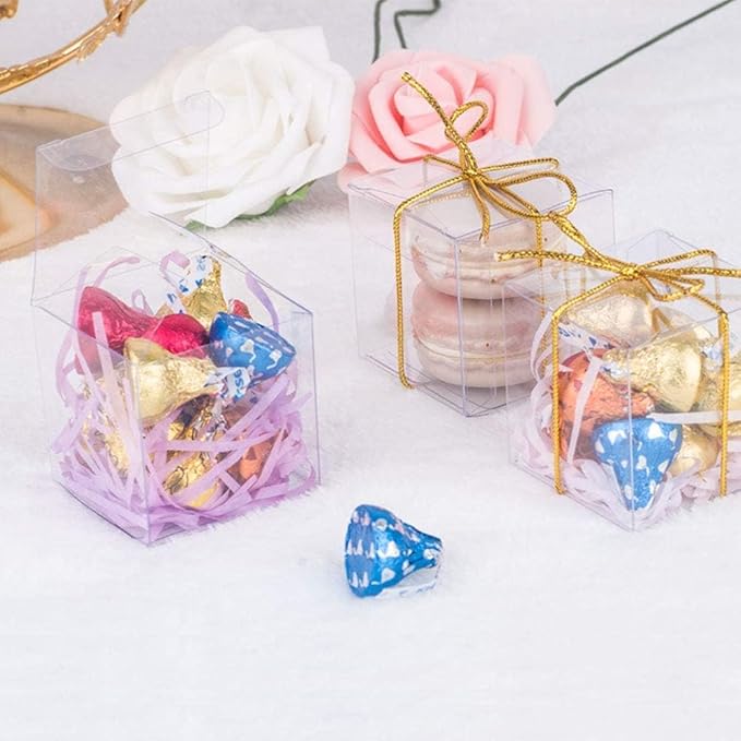 JOERSH 2x2x2 Inches Clear Boxes for Favors with Gift Ribbons, 120 PCS Mini Transparent Cube Wedding Baby Shower Birthday Party Favor Boxes, Small Gifts Display Individual Macaron Box