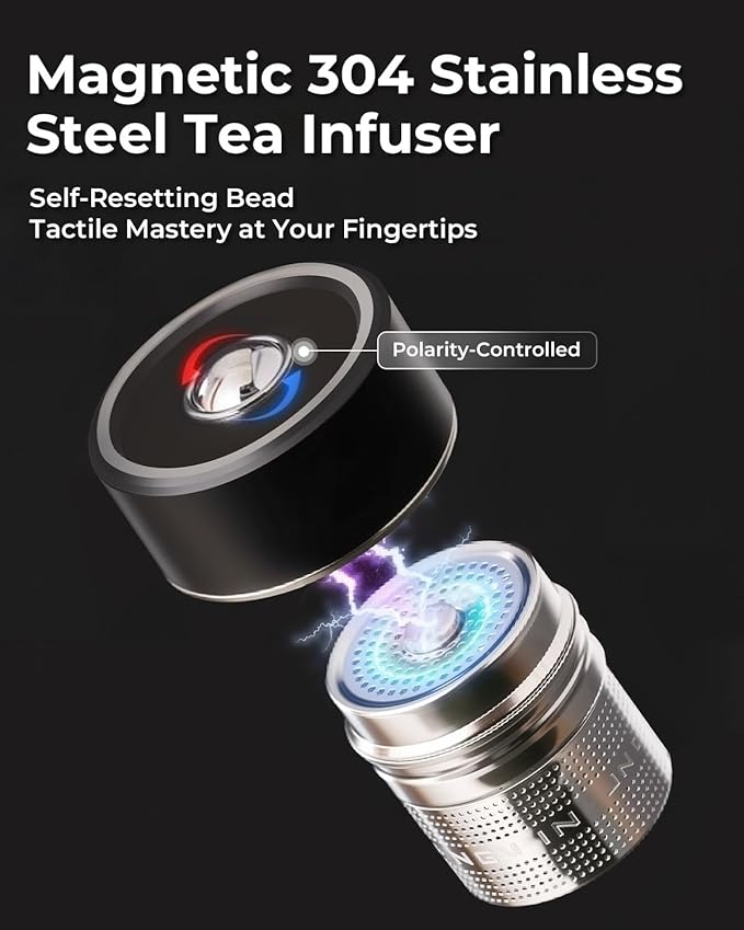 MagnaDrop Tea Tumbler – Double Wall Glass Tea Infuser Cup with Magnetic Steep Control & Bead Switch, Leakproof Travel Mug for Loose Leaf, 10.5oz