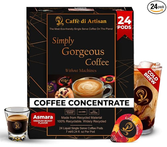 Caffè di Artisan Liquid Coffee Pods – Premium Single-Serve Coffee for Cold Brew concentrate, Iced Coffee & Hot Coffees – Machine-Free, Eco-Friendly, Ready in Seconds. Rich; Asmara; Arabica; Medium Roast – 24 Count.