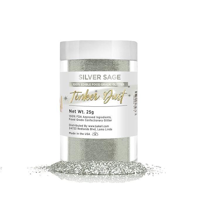 BAKELL Silver Sage Edible Glitter, 25 Grams | TINKER DUST Edible Glitter | KOSHER Certified | 100% Edible Glitter | Cakes, Cupcakes, Cake Pops, Drinks, Dessert Vegan Glitter & Dusts (25g, Silver Sage)