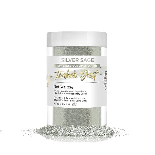 BAKELL Silver Sage Edible Glitter, 25 Grams | TINKER DUST Edible Glitter | KOSHER Certified | 100% Edible Glitter | Cakes, Cupcakes, Cake Pops, Drinks, Dessert Vegan Glitter & Dusts (25g, Silver Sage)