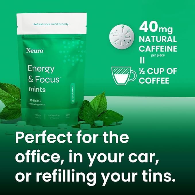 Neuro Energy & Focus Mints - Sugar Free Breath Mints with 80mg Natural Caffeine, B Vitamins & L-Theanine - Vegan Brain Supplement for Exercise, Study & Daily Focus - Spearmint, 90 ct