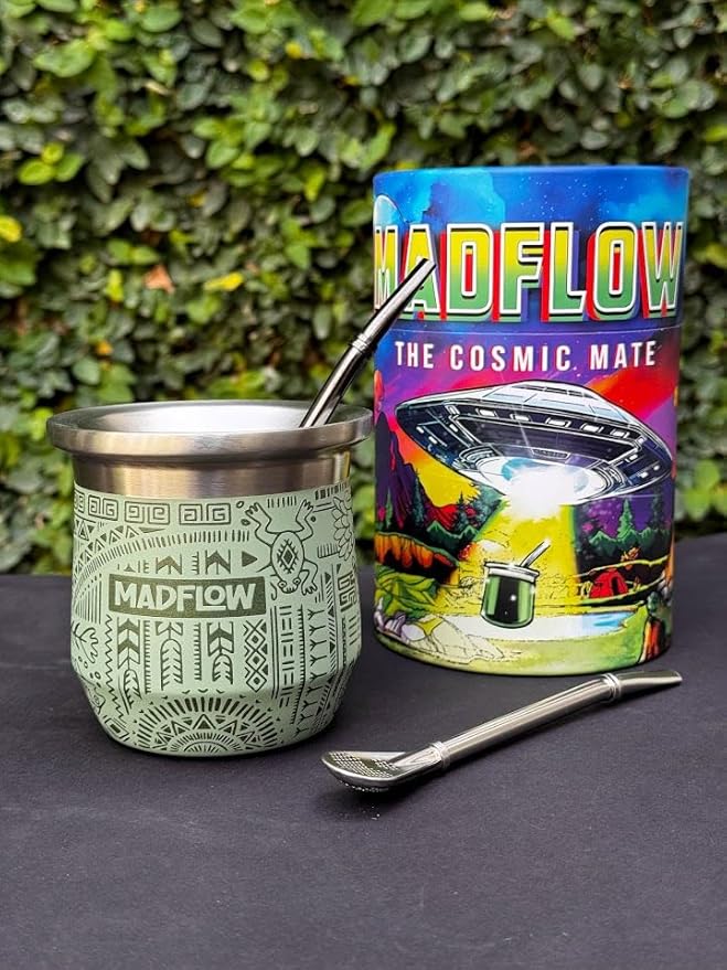 MADFLOW Yerba Mate Cup. Stainless Steel Mate Cup with 2 Bombillas. Double Wall Vacuum Insulated Yerba Mate Gourd. Unique Mate Cup And Bombilla Set